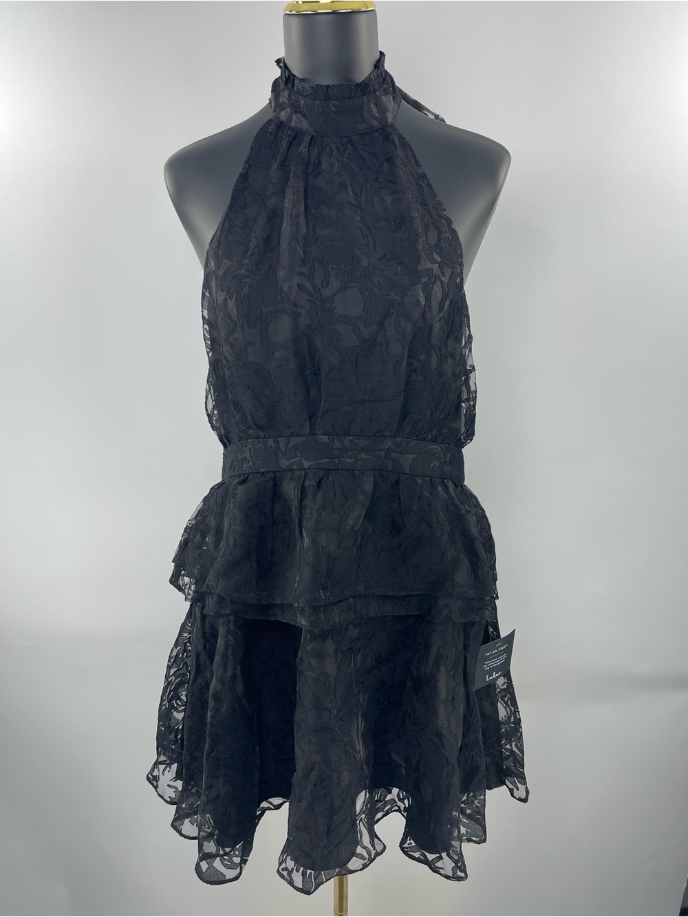 Lulus Dania Black Whimsigoth Fairy Grunge floral jacquard halter XL Mini Dress